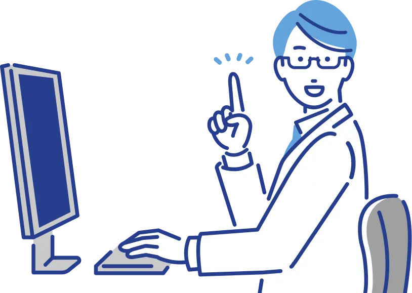 PCの前でポイントを示す医師のイラスト